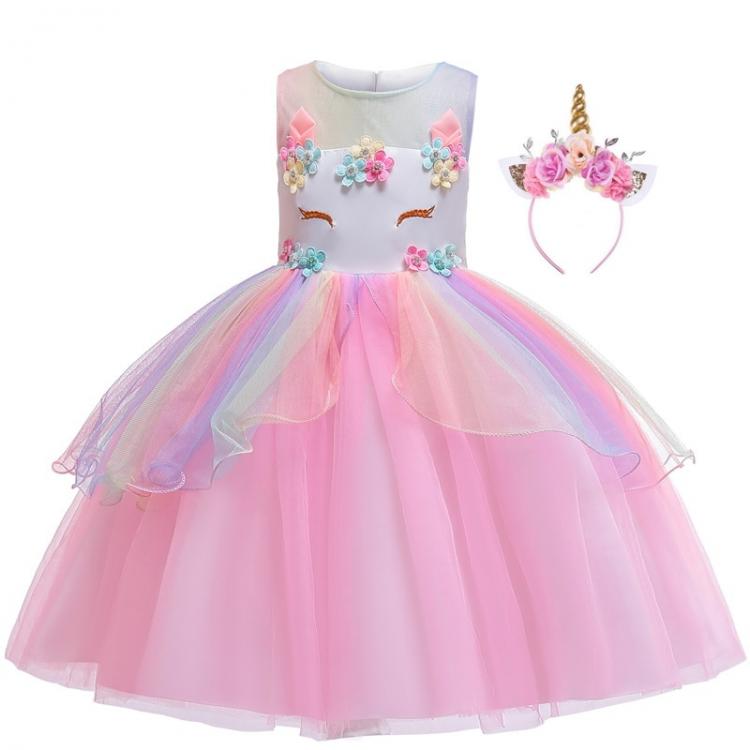 Sassi תחפושות Girls Unicorn Costumes Girl Rainbow Flowers Tutu Dresses With Unicorn Headband Horn Flower Hair Hoop Set for Kids Birthday Theme